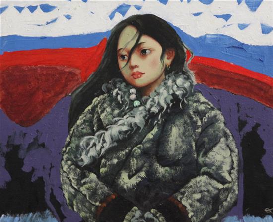 After Zhen Yifen Portrait of a girl wearing a fur coat, 14 x 16.5in.